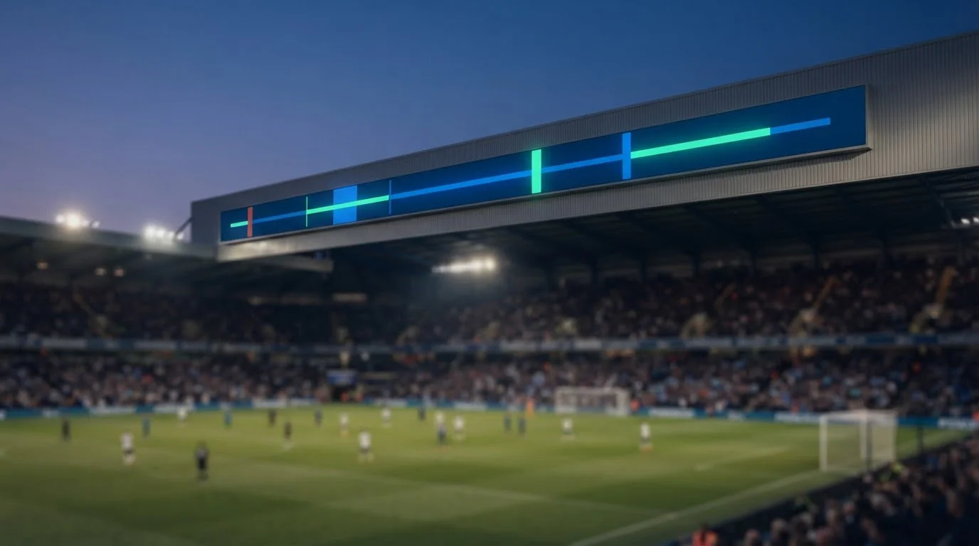 Beleuchtete Anzeigetafel über einem Stadionfeld mit farbigen Zeitmarken