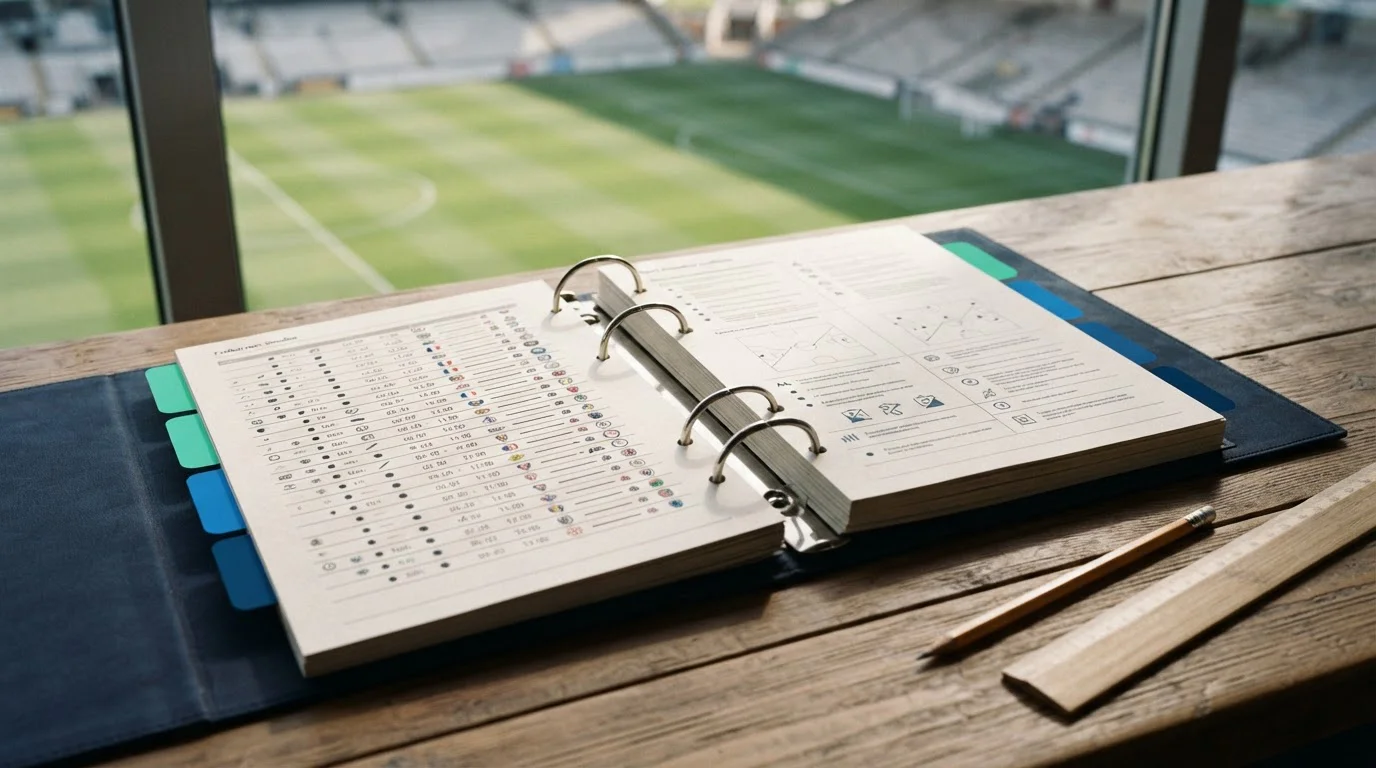Geöffneter Ordner mit farbig markierten Bedingungen neben einem Fußballspielplan