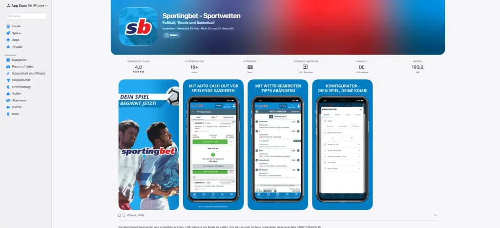 Apple-App-Store-Seite mit Sportingbet - Sportwetten für iPhone und iPad