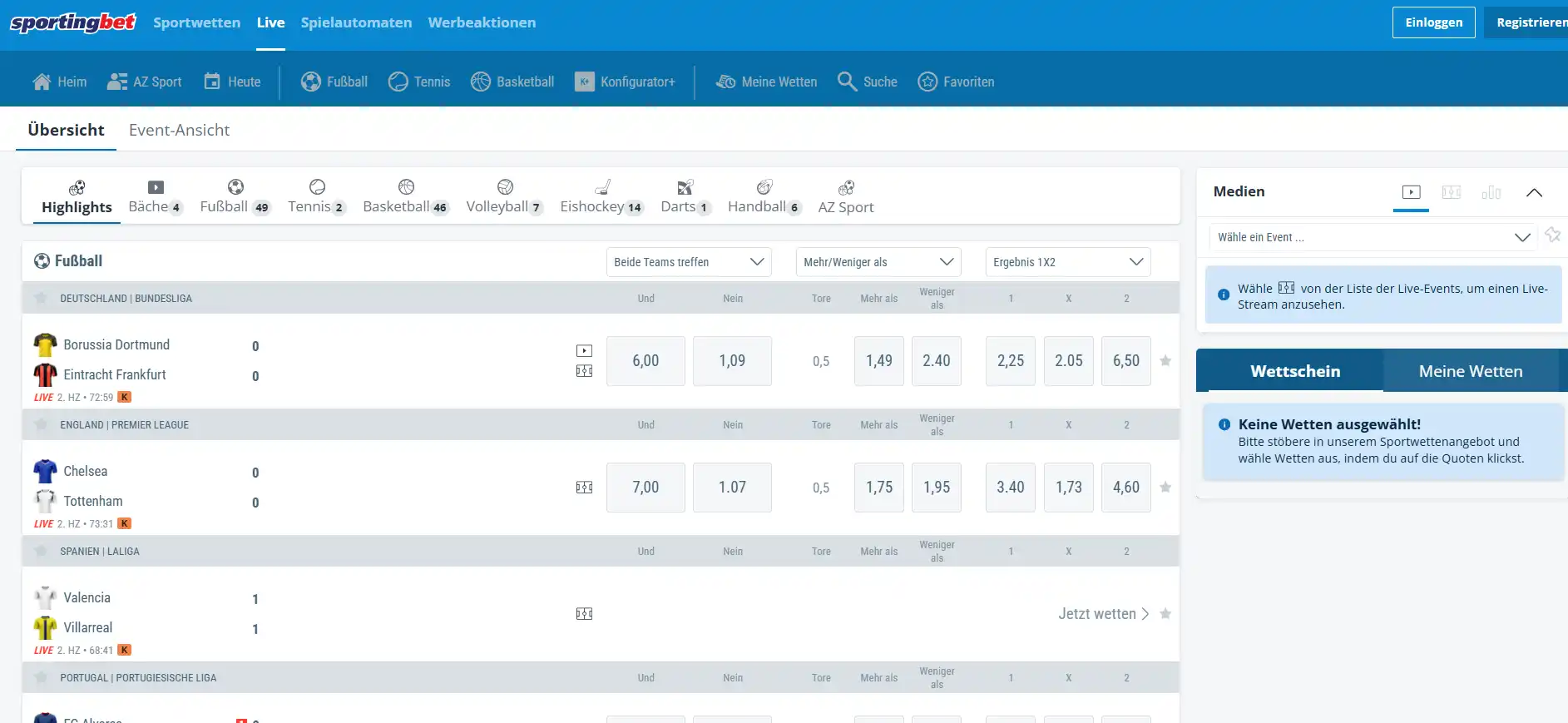 Live-Begegnungen bei Sportingbet mit laufenden Spielständen und Wettquoten