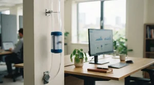 Transparente Rohrleitung mit Transportkapsel auf einem Schreibtisch